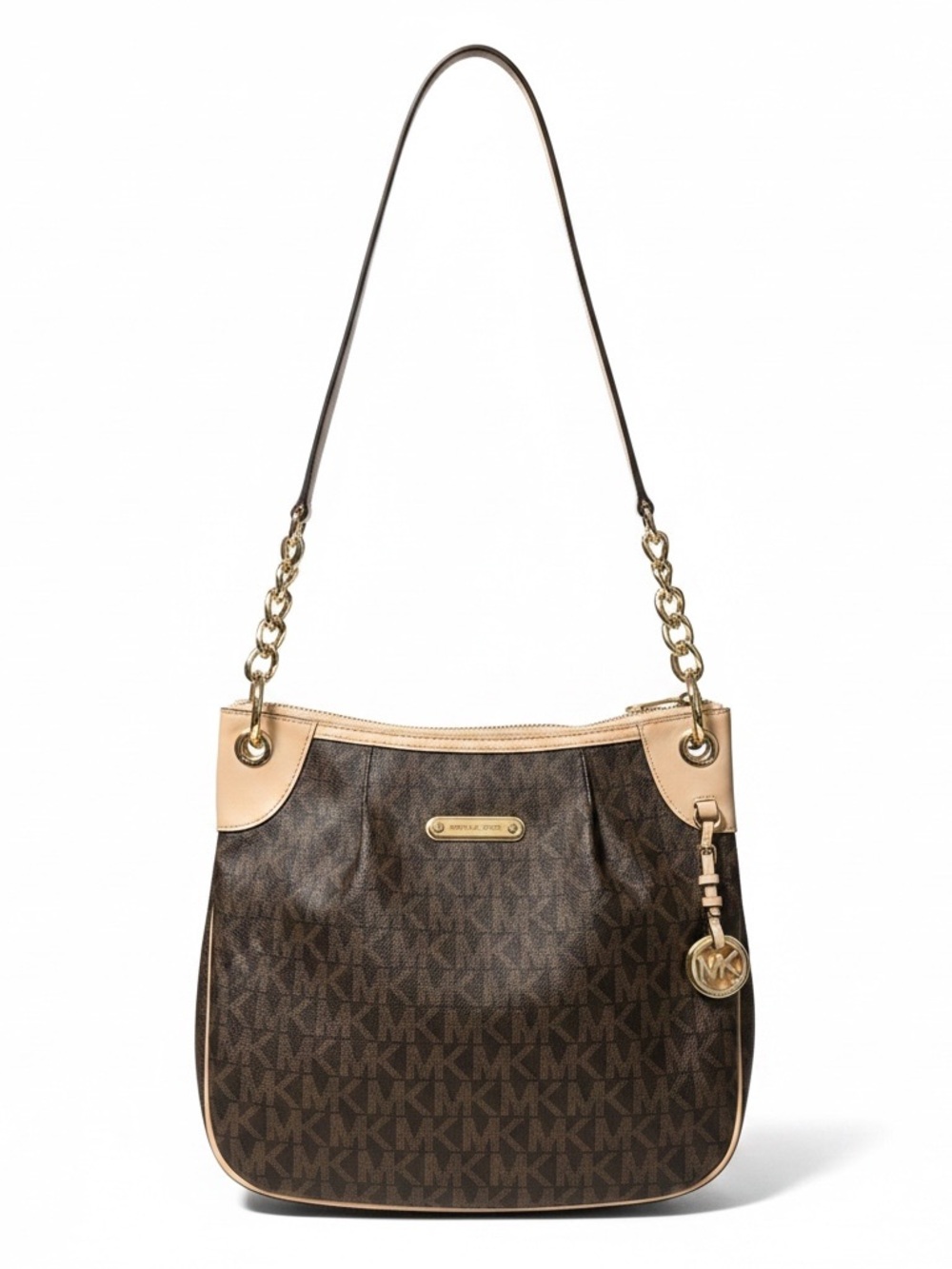 Michael Kors Brown Monogram Shoulder Bag with Light Tan Trim